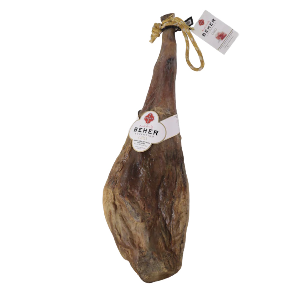 Beher: 100% Ibérico Acorn-fed Bone-in-ham (Jamón) ORO, World’s Most Awarded, Naturally-Cured in mountains for 4 Years - 15 to 17 lb